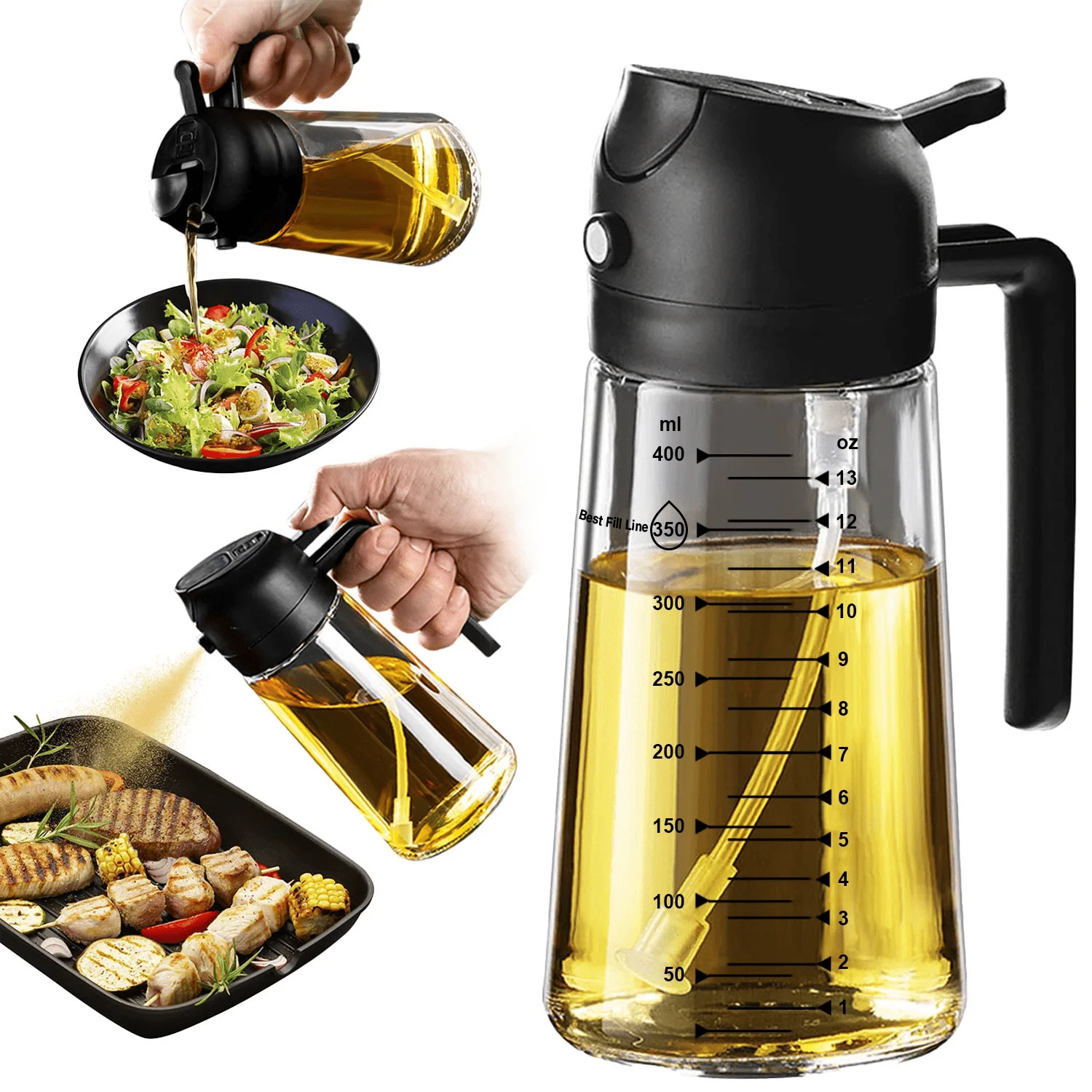 Bình đựng dầu thủy tinh 2 trong 1 16oz/470ml, bình dầu ô liu đa năng xịt và rót có vạch chia, bình đựng dầu chống rò rỉ, chai xịt kiểm soát dầu cho nồi chiên không dầu BBQ nướng salad, bình thủy tinh trong suốt chống nhỏ giọt, đồ dùng nhà bếp màu trơn, quà tặng lễ hội