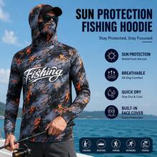 Men's Black & Orange Camo Hooded Fishing Shirt With Face Mask, Long Sleeve Sun Protection Top Sports Fall - Black - View 3