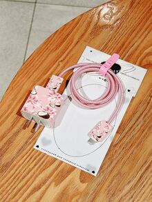 Floral Coconut Pattern, Charger Protective Case + 1.4M Data Cable Protector, Compatible With Apple 20W Charger, Minimalist Apple Charger Protective Shell, Compatible With 20W Phone 15/16 Pro Max Charging Cable Protector, Anti-Scratch, Anti-Bite, Suitable For 13/14 Plus/17/16PROMAX, - Pink - View 4