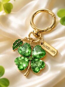 1pc Elegant Lucky Four-Leaf Clover Keychain With "GOOD LU" Alloy Charm, Faux Rhinestone Inlaid Four-Leaf Clover Pendant Key Ring, Women's Gift, Suitable For Keys And Backpacks As Lucky Daily Decoration - Four-leaf Clover - View 2