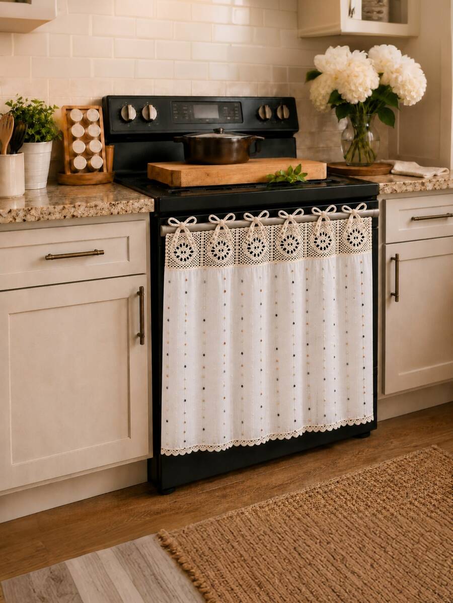 Farmhouse Crochet Lace Oven Door Curtain Cover With Tie-Up Bows, Rustic Kitchen Appliance Cover, Decorative Dust Protector For Stove & Oven Front,30 X 21.3 Inch - Multicolor - View 1