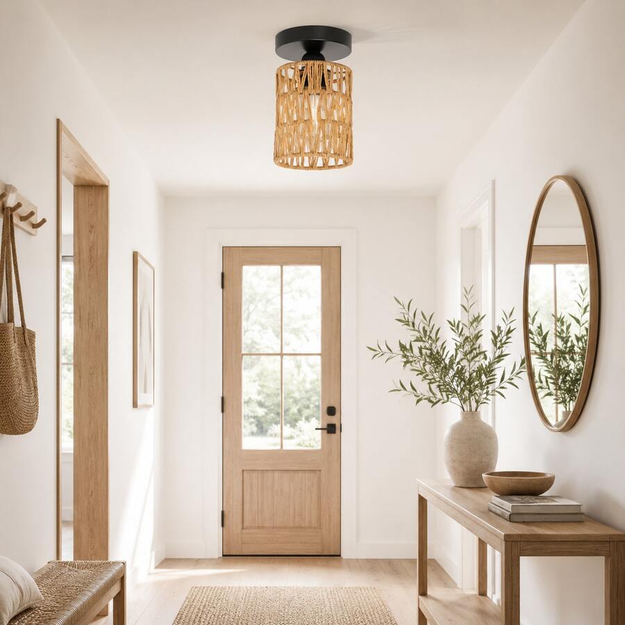 1PC, Woven Rattan Ceiling Light, Rustic Style Flush Mount Light Fixture, Bohemian Style Flush Mount Light, Paired With Hand-Woven Rattan Lampshade, E27 Socket, Suitable For Living Room, Bedroom, Entryway, Hallway And Dining Room Light, Bulb Not Included - Black - View 1