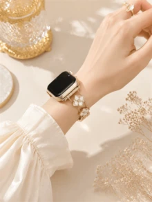 New Colorful Floral Bracelet Watch Band Compatible With Apple Watch 10/8/9/7/6/5/4/3/2/1 Series, Also Suitable For Apple Watch Ultra 40mm 44 41 45 49 42 38mm, Women's Fashion Bracelet Accessory. Not Too Heavy When Worn, Perfectly Fits The Wrist - Golden White Leaves - View 3
