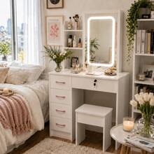 2-In-1 White Vanity Desk Set With LED Lighted Mirror & Stool, 5 Drawers, Lockable Drawer, Hidden Storage Shelves, Makeup Vanity Table For Bedroom, Gift For Women & Girls - White - View 3