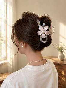 topshiny 1pc Elegant Transparent Flower Hair Claw Clip, Large Acetate Pearl Hair Clip, French Style Updo Hair Accessory For Women - Multicolor - View 3