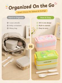 Cute Cartoon Double-Layer PP Portable Lunch Box, Patterns Include Unicorn, Dinosaur And Seal; Perfect For School, Picnic, Outing And Holiday Use. - Multicolor - View 3