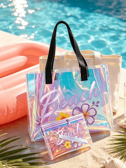 Laser Iridescent Transparent Large Capacity Tote Bag Beach Bag Set, Printed With Purple Gradient Beach Pattern, Women's Storage Bag For Beach Vacation Travel, Matching Makeup Bag And Waterproof Phone Pouch, Waterproof, Sand-Proof, Easy To Clean, Wipes Clean With Water, Beach And Pool Friendly, Suitable For Storing Swimwear, Towels, Cosmetics And Essentials, Perfect For Summer Vacation, Birthday And Bridesmaid Gifts, Multi-Functional Beach Tote Bag, Travel Bag, Swimming Pool Bag And Holiday Tote Bag, Back To School Gift, Graduation Gift