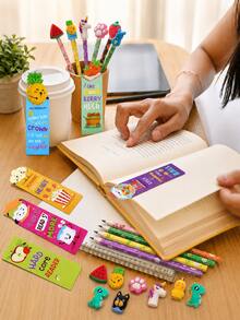 34pcs-Inspiring Fruit Bookmarks And Pencils With Cute Toppers, Fun Pencils, Fruit Food Themed Bookmarks, Cartoon Pen Caps, First Day Of School - Multicolor - View 2