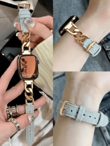 1件時尚金屬鏈條與藍色超纖皮革錶帶，相容於 38/40/41/42/44/45/46/49mm Series 1-11，女性優雅配件 - 牛仔褲 - 查看 8