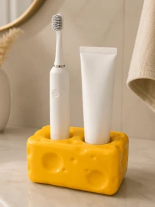 1pc Cute Cheese Style Toothbrush Stand, Dual Hole Electric Toothbrush And Toothpaste Holder, Bathroom Vanity Organizer, Modern Home Bathroom Accessory - A - View 1