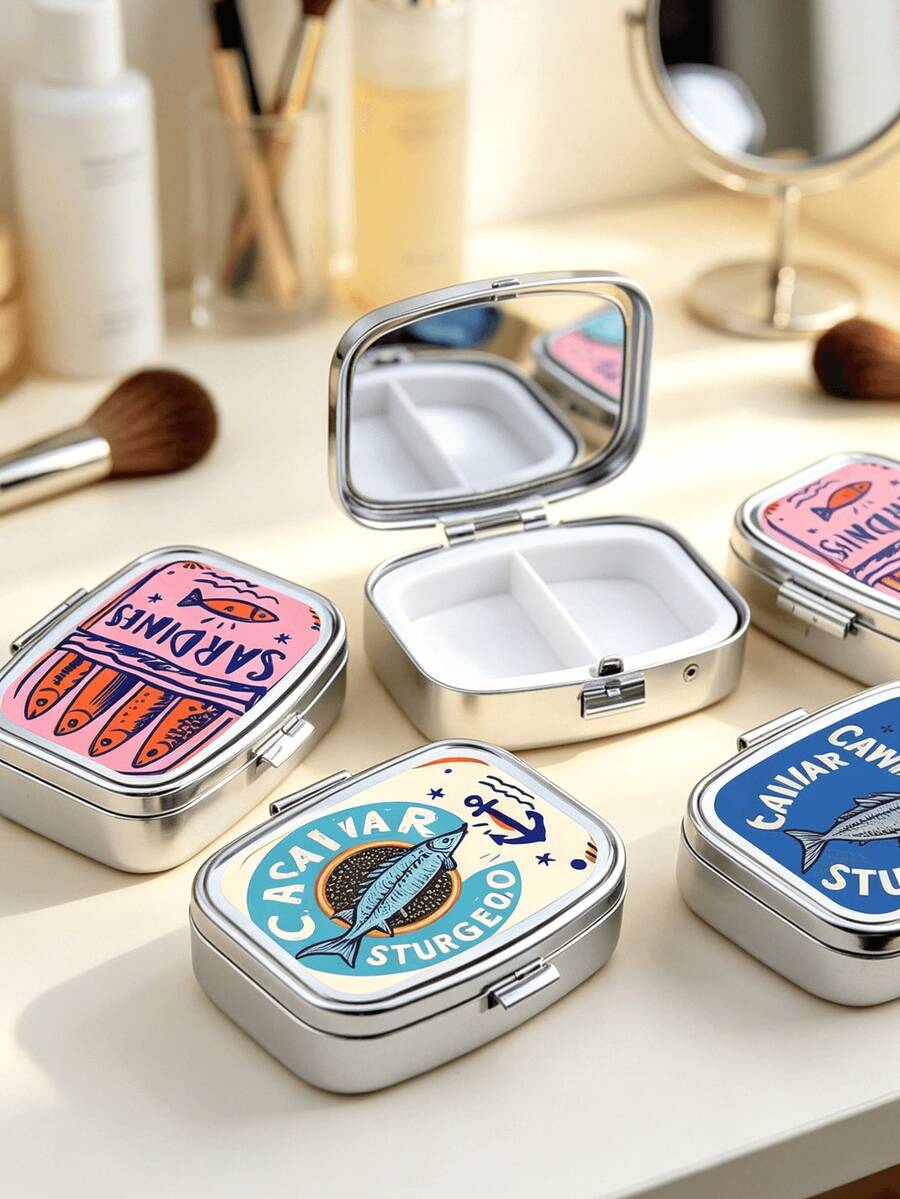 Vintage Fun Fish-Shaped Square Pill Box, Dual Compartment Design, Compact And Portable For Daily Medications And Vitamins, Suitable For Home, Travel, Also As A Unique Pocket/Wallet Gift, Applicable For Emergency Situations, Travel, Hiking And Other Emergency Rescue Occasions