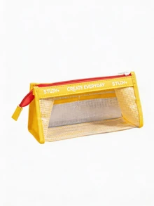 1pc Preppy Colorblock Clear Mesh TPU Oxford Fabric Rectangular Pencil Case With Zipper, Multi-Layer Large Capacity Letter Print Cosmetic Bag, Portable Student School Office College Supplies Desk Stationery Organizer, All-Season - Multiple Colors and Styles - View 9