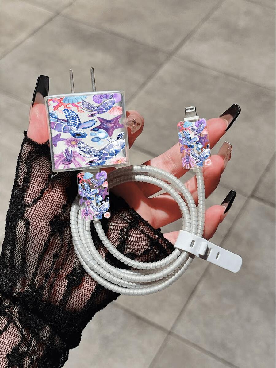 5件組充電器保護殼套件,海星與海龜圖案,含數據線收納配件、20W/18W充電適配器與適配器頭套,相容於Apple 11/12/13/14/15/16/13 Pro Max/16 Pro Max/17 Pro Max/15 Pro Max - 彩色 - 查看 1