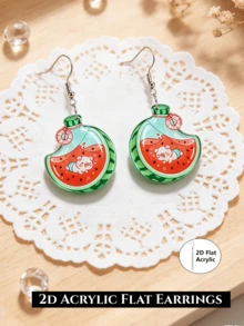 2D Flat Watermelon Drift Bottle Pig Dangle Earrings, Acrylic Summer Fruit Drink Ear Pendants, Cute Cartoon Beach Vacation Fun Jewelry Gift - Watermelon Drift Bottle - View 5