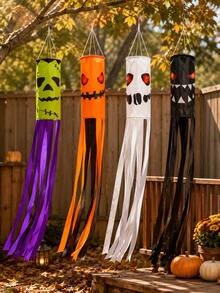 4pcs Halloween Wind Vane Decor, Monster Pumpkin Ghost Pattern Cylindrical Long Tassel Hanging Flags, Suitable For Halloween Party, Outdoor Yard, Porch, Haunted House And Horror Scene Decoration - Halloween - View 4