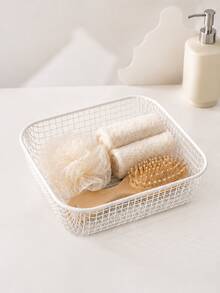 Macaron Color Square Metal Mesh Storage Basket, 20*20*5.5cm Desktop Organizer Storage Basket, Suitable For Home, Office, Bathroom And Kitchen Daily Storage, Multi-Purpose And Multi-Occasion Use, Also Suitable For Holiday Decoration. - Pink - View 10