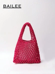BAILEE Fashionable Colorful Polyester Yarn Hand-Woven Pattern Tote Bag With Ocean Charm, Suitable For Vacation - Hot Pink - View 10