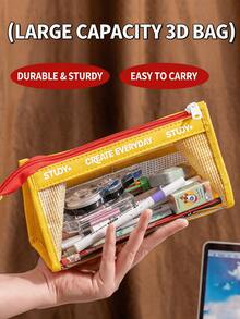 1pc Preppy Colorblock Clear Mesh TPU Oxford Fabric Rectangular Pencil Case With Zipper, Multi-Layer Large Capacity Letter Print Cosmetic Bag, Portable Student School Office College Supplies Desk Stationery Organizer, All-Season - Multiple Colors and Styles - View 8