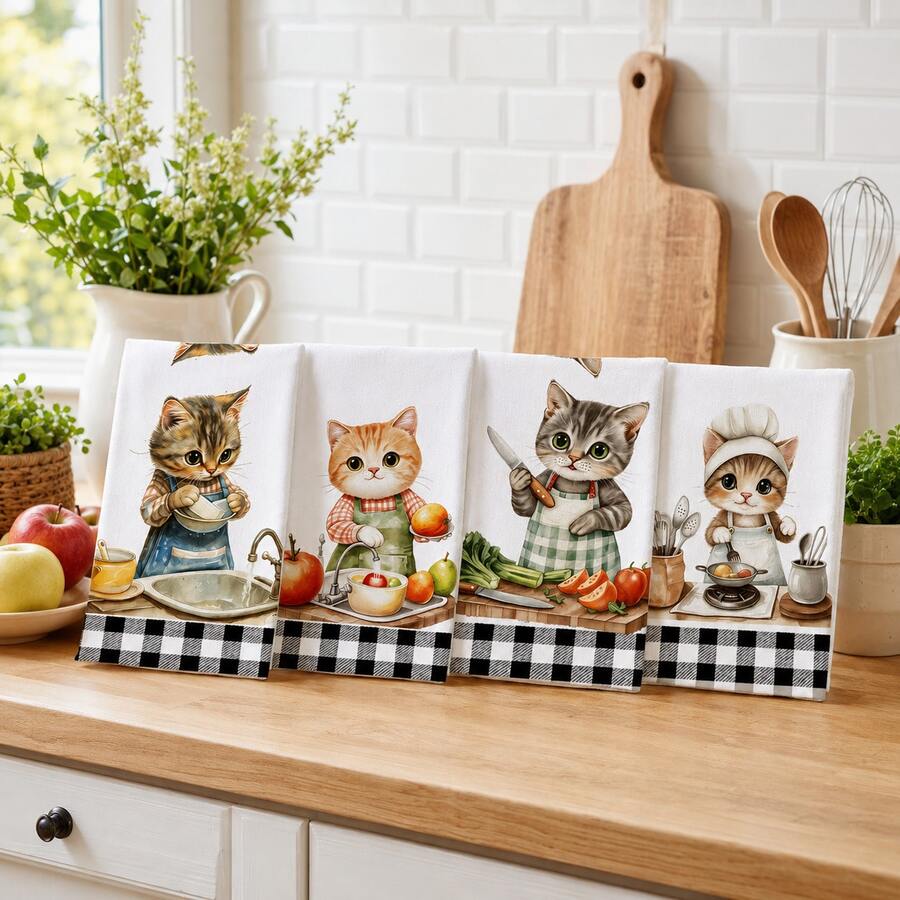 2/4/6/8pcs/Set, Dish Towel, Printed Pattern Towel, Microfiber Modern Absorbent Cloth, Cooking And Baking Tea Towel, Dishcloth, Cleaning Towel, Hand Towel, Tea Towel, Super Soft And Highly Absorbent, Kitchen Decor, Gift For Neighbors, Gift For Mom, Birthday Gift, Sweet Housewarming Gift For Friends, Kitchen Accessories, Daily Necessities, Life Essentials.