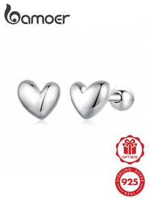 bamoer 一对925纯银可爱心形耳钉，心形设计，镶嵌低致敏锆石，女士订婚礼物，精致珠宝礼品 - 銀色 - 查看 2