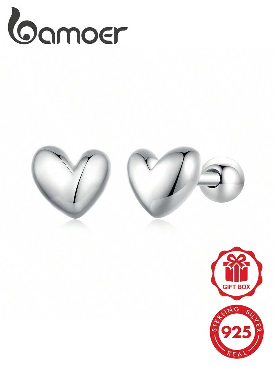 bamoer 一对925纯银可爱心形耳钉，心形设计，镶嵌低致敏锆石，女士订婚礼物，精致珠宝礼品