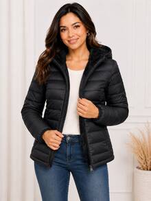 Women's Plush Puffer Jacket With Faux Fur Lining, Hood With Removable Fur, Suitable For Cold Winter And Waterproof. - 黑色帽子無絨 - 查看 6