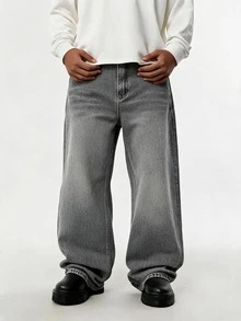 HEHCN Men's Loose Fit Gray Jeans, American Casual Street Style Baggy Wide Leg Denim Pants - Grey - View 1