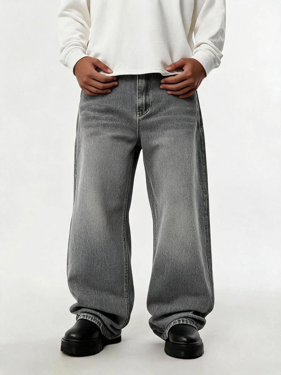 HEHCN Men's Loose Fit Gray Jeans, American Casual Street Style Baggy Wide Leg Denim Pants - Grey - View 1