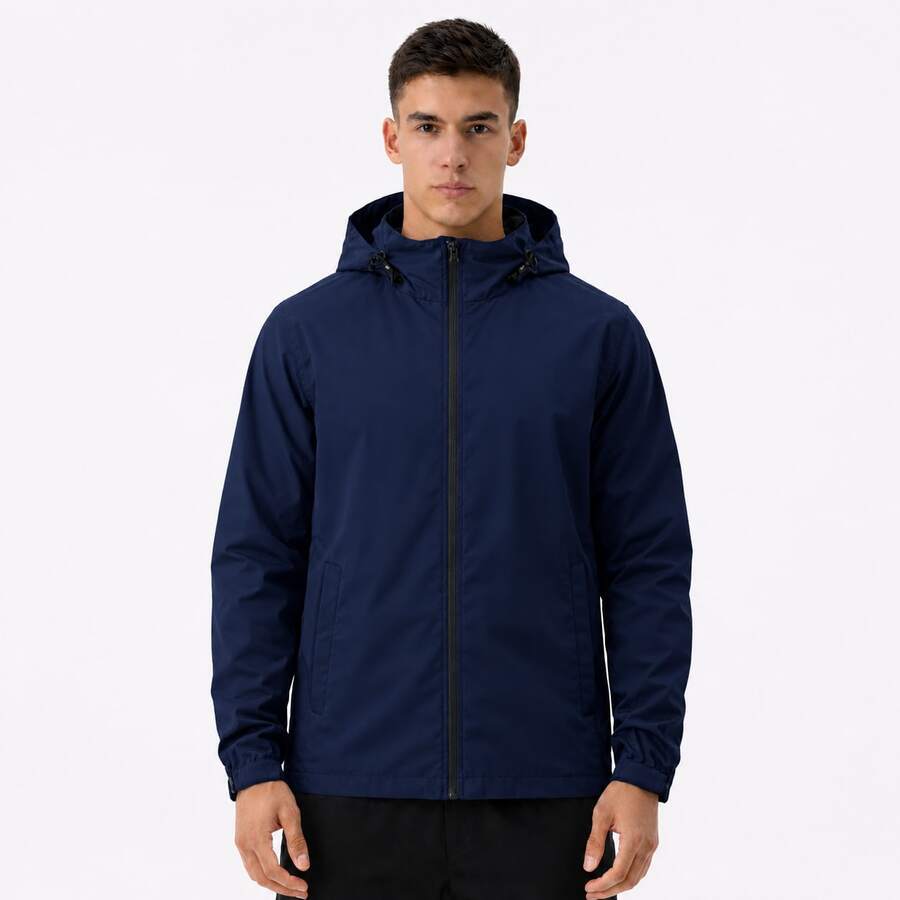 Men's Waterproof Windbreaker With Removable Hood, Sportswear For Gym Or Running - 藏蓝色 - 查看 1