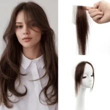 Flequillo postizo de cabello natural para mujer, flequillo postizo de cabello natural para colocar con clips, extensiones de cabello con raya al medio y patillas para uso diario. - 02 Marrón chocolate - Ver 1