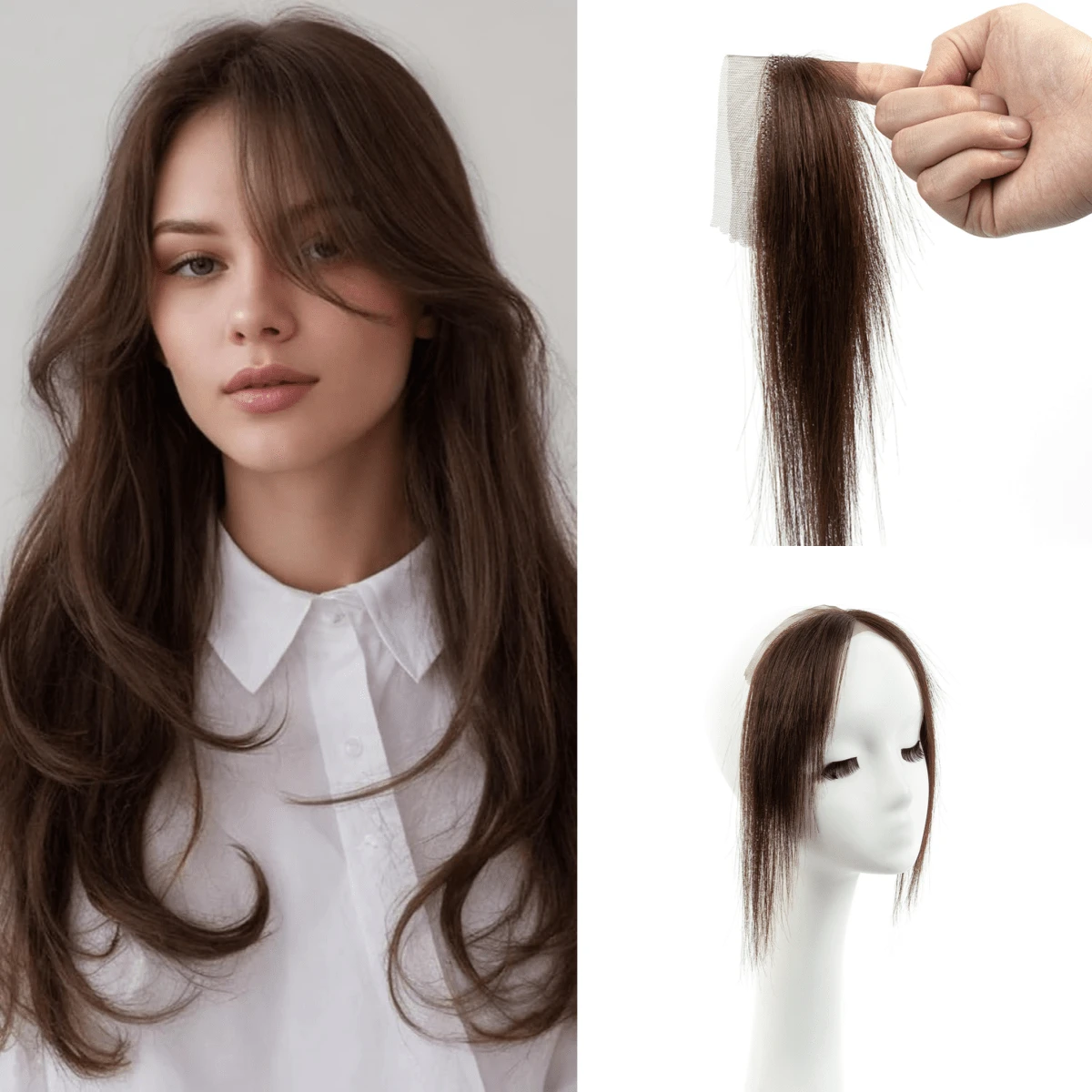 Flequillo postizo de cabello natural para mujer, flequillo postizo de cabello natural para colocar con clips, extensiones de cabello con raya al medio y patillas para uso diario. - 02 Marrón chocolate - Ver 1