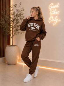 2-Piece Girls' Thermal Sweatshirt Set With Hood And Jogger Pants, Sizes 8-14 - 鏽棕色 - 查看 4