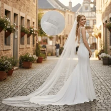 Bridal Wedding Double Layer Tulle Veil, Suitable For Church Wedding, Beach Wedding, Graduation Ball, Photography | Soft White Tulle Train Bridal Veil, European Elegant Bridal Headpiece - Beige - View 2