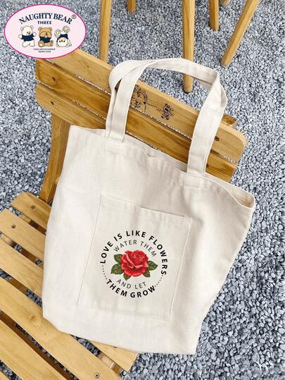 1pc Beige Fashionable Shoulder Tote Bag, Floral Letter Print, Foldable Large Capacity Canvas Tote Bag, Durable Handbag For School, Commuting, Reusable Shopping Bag, Perfect Holiday Gift