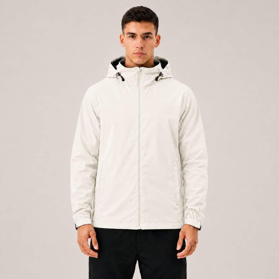 Men's Waterproof Windbreaker With Removable Hood, Sports Jacket For Gym Or Running - 米白色 - 查看 1