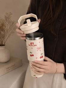 SCALON 30oz/900ML 1pc Soft Cream Style Cherry & Bow All-Over Print Insulated Tumbler, Stainless Steel Vacuum Insulated Cup With One-Click Pop-Up Lid, Leak-Proof Straw, Large Capacity Cold & Hot Coffee Travel Mug, Girly INS Style, Car Commute, Foldable Handle, Portable Design, Long-Lasting Cold & Heat Retention, Suitable For Campus, Commuting, Shopping, Camping, Gift For Best Friend - View 6