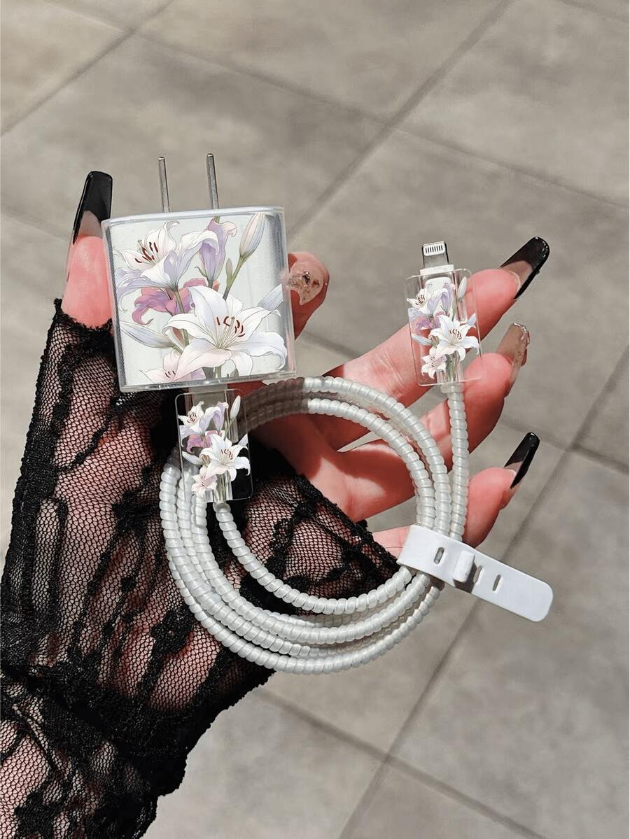 5件組充電器保護套組,百合花圖案,含數據線收納配件、20W/18W充電適配器與適配器頭套,相容 Apple 11/12/13/14/15/16/13 Pro Max/16 Pro Max/17 Pro Max/15 Pro Max - 彩色 - 查看 1