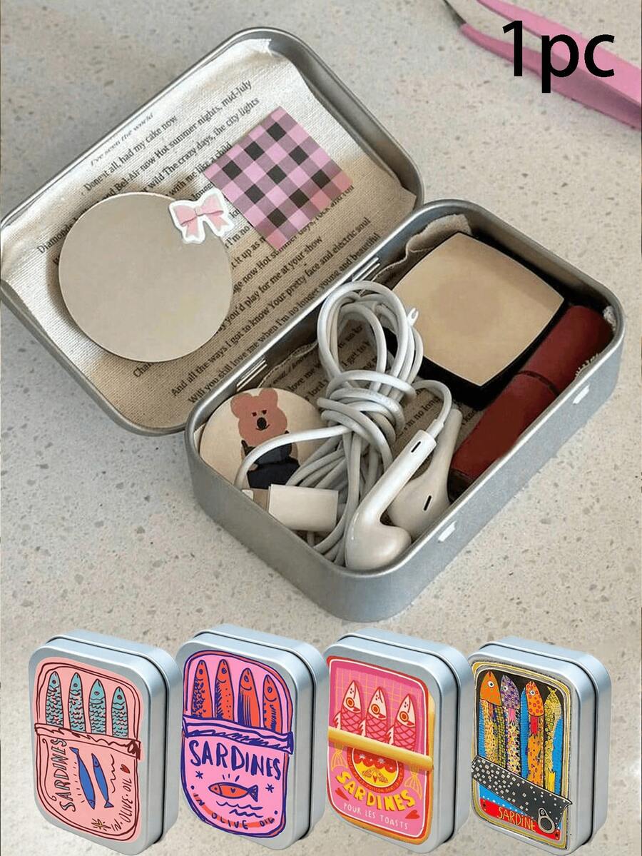 Metal Tin Box With Sardine Pattern - A DIY Mini Portable Storage Box, Compact Container And Foldable Mini Metal Box. Suitable For Storing Jewelry, Pills, Sewing Supplies, Etc. Also A Perfect Mother's Day Gift. - Multicolor - View 1