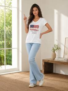 2026 V Neck T Shirt White American Flag We The People 1776 250 Years Independence Day Celebration Casual Wear - 白色 - 查看 2