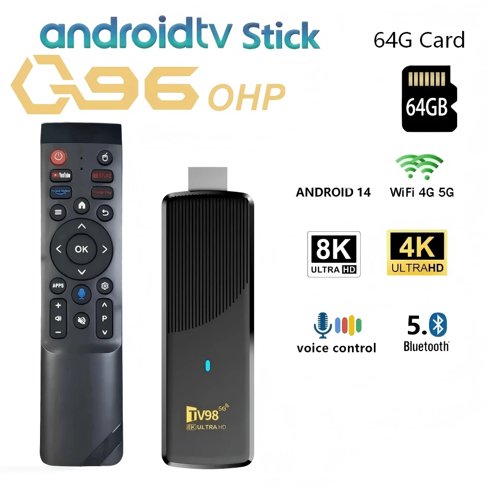 Q96 OHP TV98 ATV X9 智能电视棒，安卓 14 系统，全志 H313 芯片，支持 OTA 升级，64GB 存储空间，支持 8K/4K 分辨率，内置媒体播放器、4G/5G WiFi、HDR10 和语音遥控器