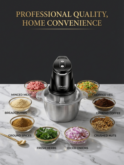 SOKANY-06025, 0.7L Electric Food Chopper, 300W Mini Food Processor With Glass Bowl, 2-Speed Control, 4-Blade System, For Meat, Vegetables, Baby Food