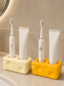 1pc Cute Cheese Style Toothbrush Stand, Dual Hole Electric Toothbrush And Toothpaste Holder, Bathroom Vanity Organizer, Modern Home Bathroom Accessory - A - View 4