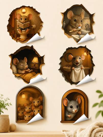 Conjunto de Adesivos de Parede 3D Fofo de Buraco de Rato, Decalques de Animais de Desenho Animado Removíveis, Adesivos Impermeáveis DIY para Decoração de Casa para Quarto, Banheiro, Berçário, Quarto de Crianças, Sala de Estar, Decoração de Apartamento