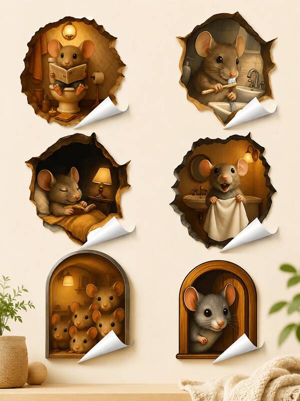 3D Cute Mouse Hole Wall Sticker Set, Removable Adhesive Cartoon Animal Decals, Waterproof DIY Home Decor Stickers For Bedroom, Bathroom, Nursery, Kids Room, Living Room, Apartment Decoration