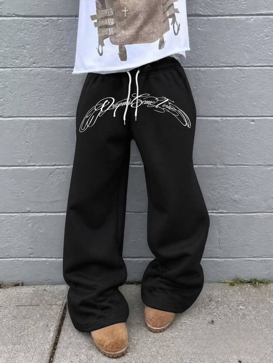Fractyr Men's Black Drawstring Pants, American Retro Gothic Floral Print Wide-Leg Pants With Drawstring Elastic Waist, Loose Fit, Casual Everyday Wear - Black - View 1
