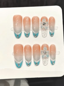 10PCS Oval Handmade Press On Nails, Lamei Metal Europe And America,Summer Vacation,Graduation Season,World Cup, Spring And Summer, Suitable For Girls And Women Festivals Parties And Music Festival And Daily Wear,Valentine's Day Mother's Day Gift. - Multicolor - View 12