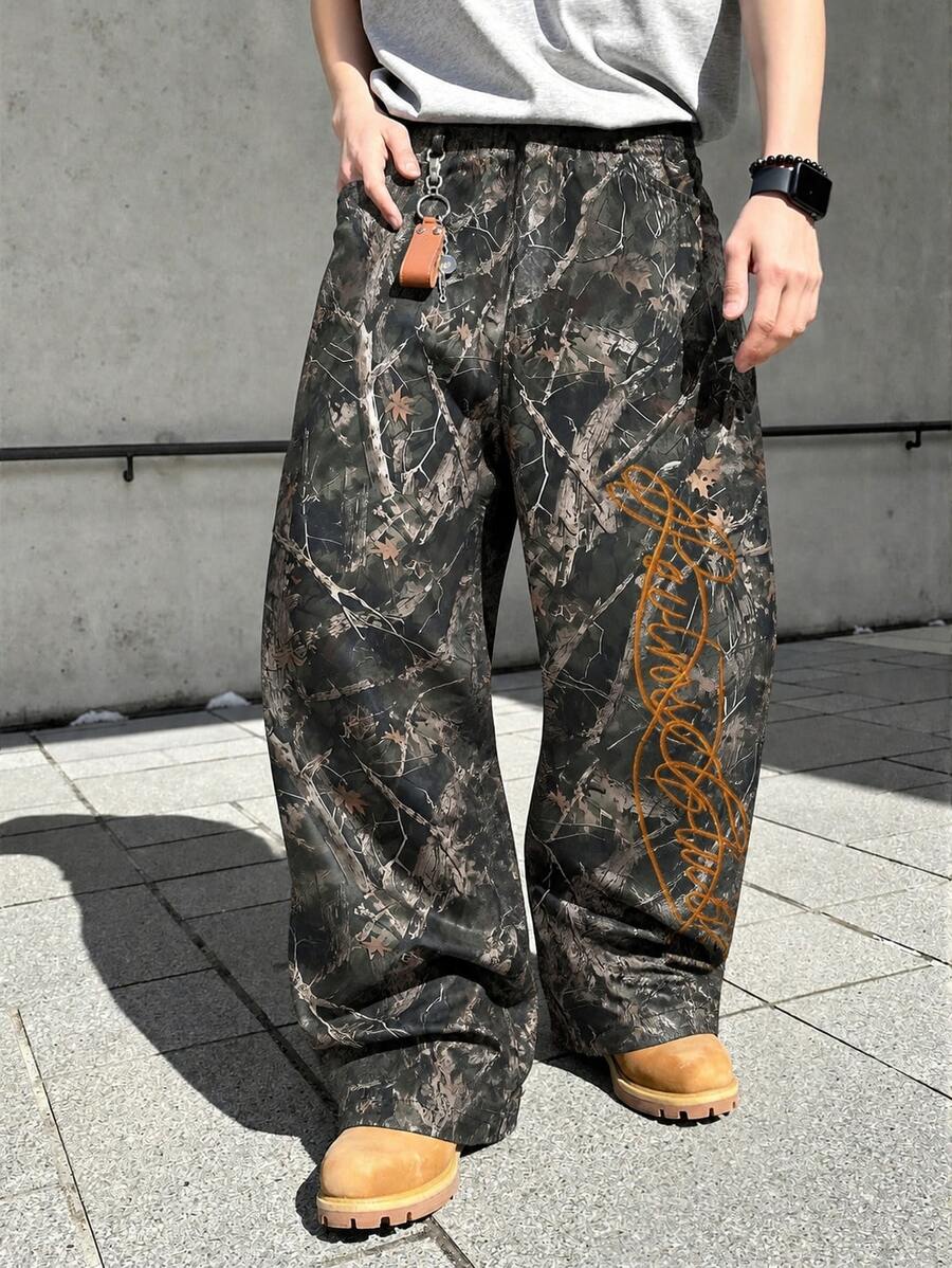 Fractyr Men's Black Elastic Waist Drawstring Sports Pants, Vintage Tree Branch & Dried Leaf Camouflage Wilderness Tree Pattern Print Wide Leg Pants, Drawstring Elastic Waist Draped Loose Fit Long Pants, Casual Everyday Wear - Khaki - View 1