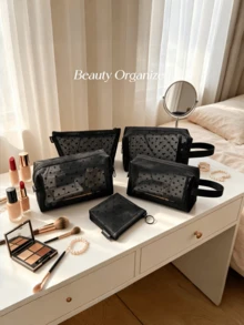 Black Mesh Heart Print Cosmetic Bag, Transparent Zipper Travel Toiletry Organizer Bag, Multi-Size Portable Makeup Bag For Trips, Camping, Storing Cosmetics & Toiletries - Black - View 1