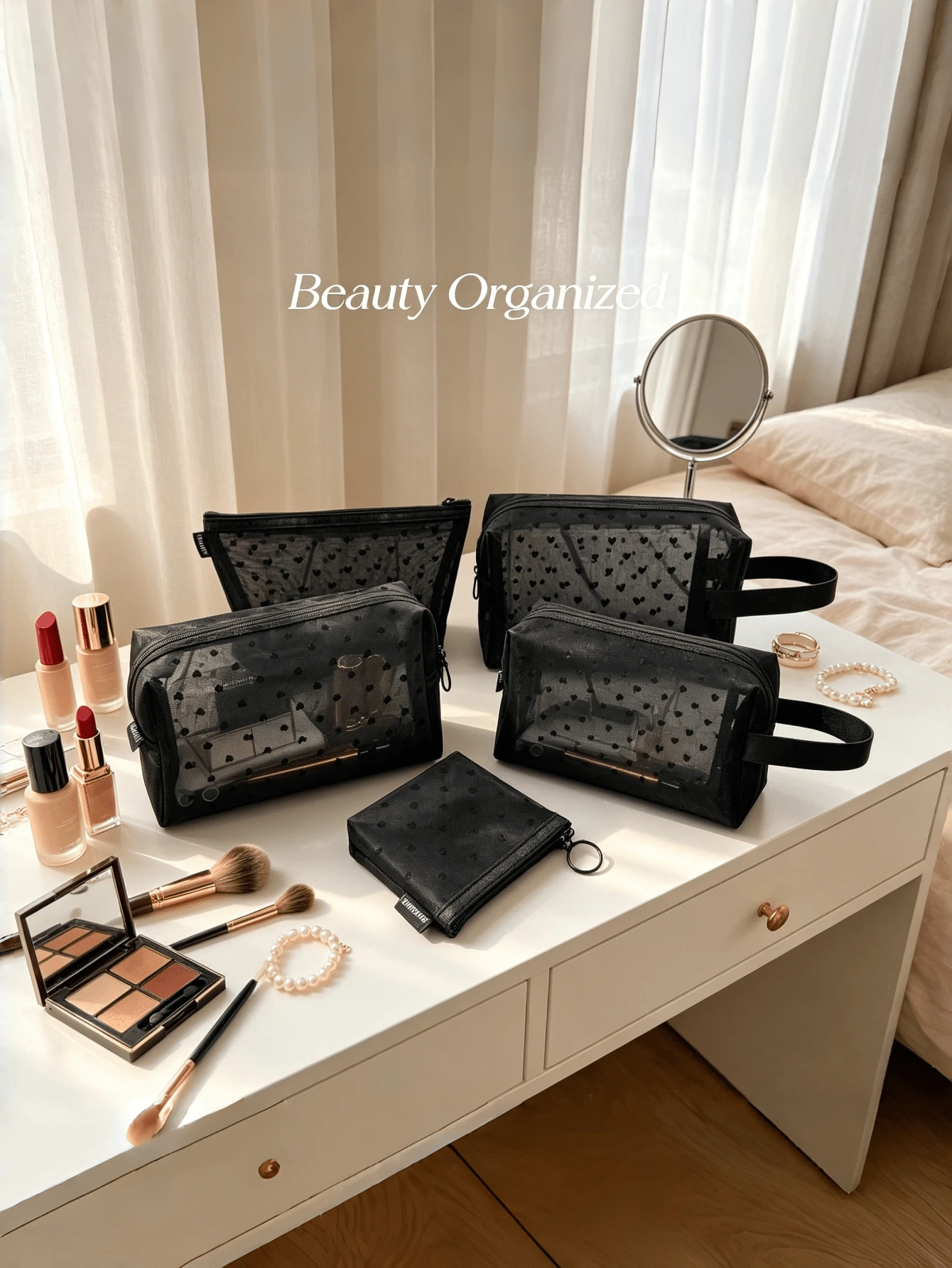 Black Mesh Heart Print Cosmetic Bag, Transparent Zipper Travel Toiletry Organizer Bag, Multi-Size Portable Makeup Bag For Trips, Camping, Storing Cosmetics & Toiletries - Black - View 1