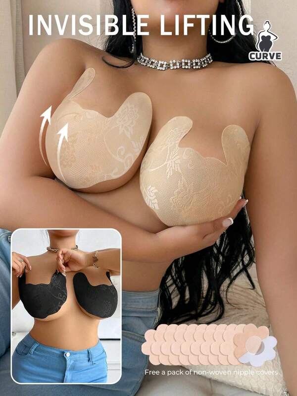 4pcs/Pack Women Plus Size Disposable Sexy Lace Horn-Shaped Nipple Covers, Thin Invisible Seamless Comfortable Random Pattern, Suitable For Dress, Photography, Runway
